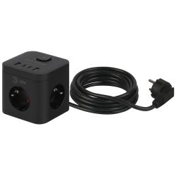 Удлинитель электрический ЭРА CUBE-3es-1,5m-4USB-B куб с заземлением с выключателем 3 розетки+4xUSBA+C 1,5м 16А черный | Бытовые удлинители