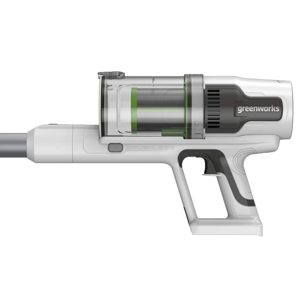 Пылесос вертикальный акк. Greenworks SV24360, 24V, б/щет, 250 Вт, 17 кПа, электрощетка, 2 насадки, LED, белый+серебро, 1х4Ач и ЗУ (4702107UB)