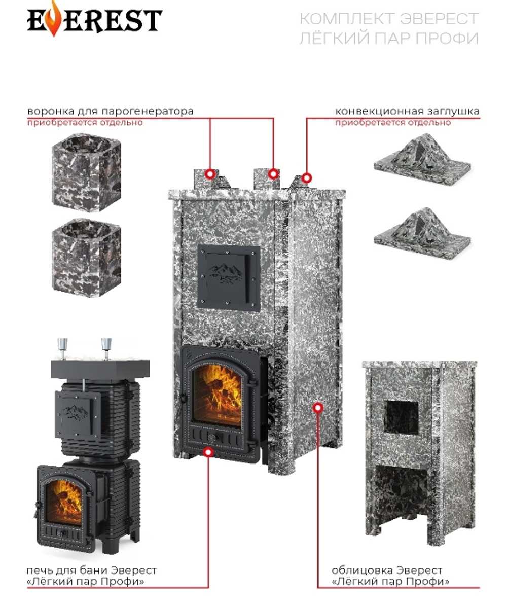 Печь Эверест "Легкий пар Профи" каменка «по-серому», Талькохлорит, Б/В, Резная (2 стор.+фасад)