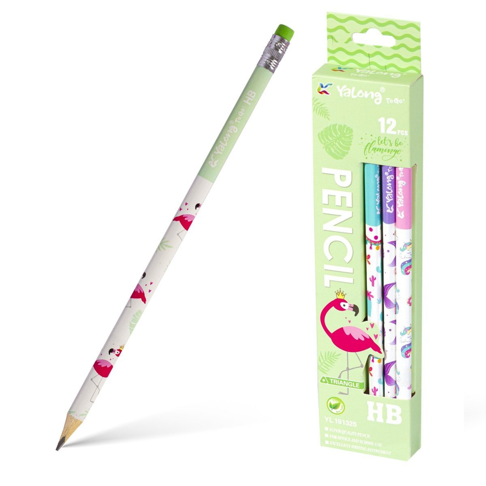 Набор ч/г карандашей, Yalong HB, "Let's be", дерево, с ластиком, трехгранный, заточенный, корпус с принтом, ассорти, 12 шт/уп, европодвес