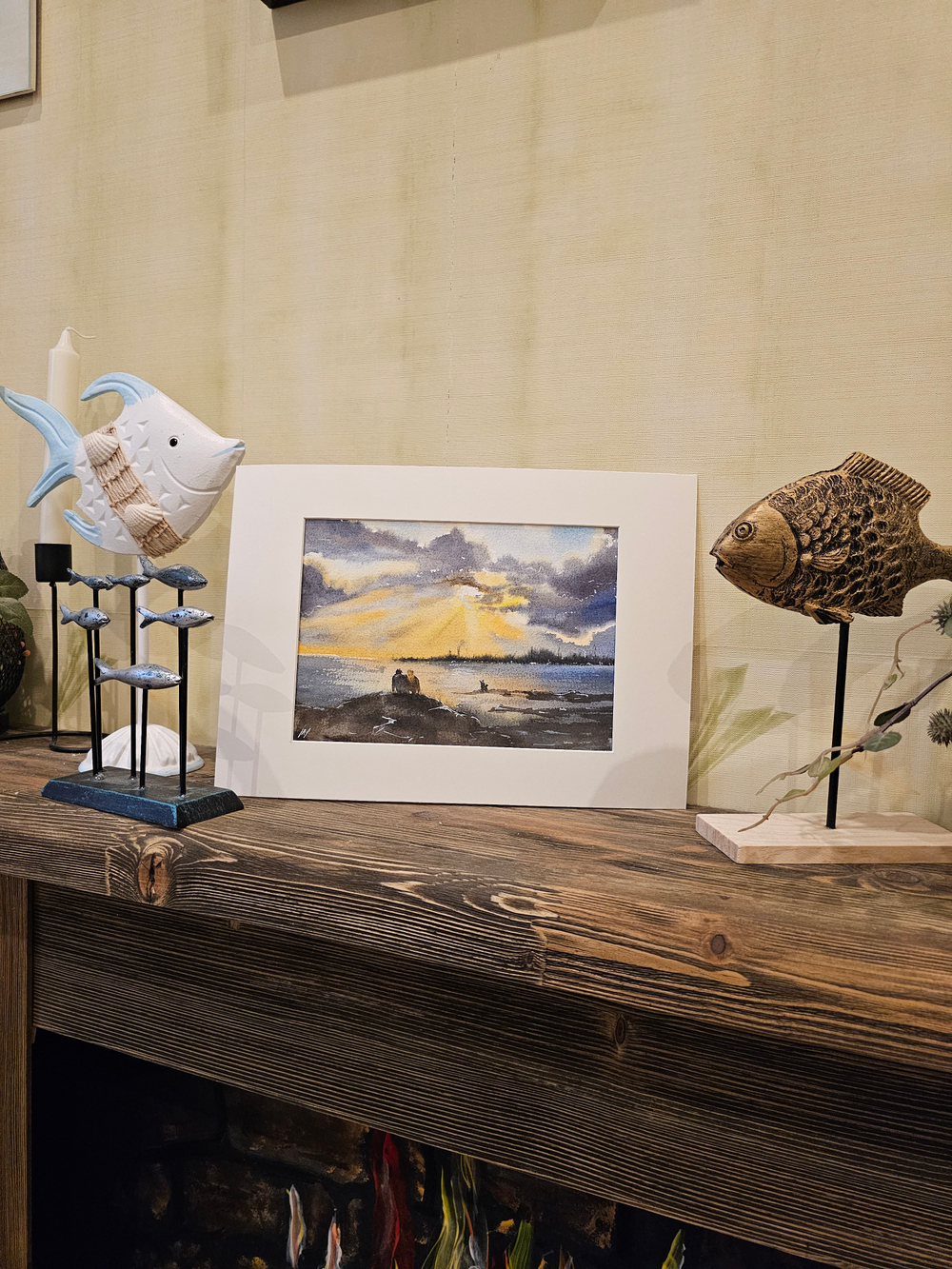 Картина авторская акварельная в паспарту 21*30 см на стену для интерьера "Он, она и собака"