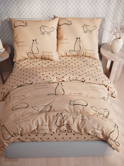 Постельное белье перкаль Сказка "Котики (беж)/Адель" 2-спальное Наволочка 50х70 см 2 шт Простынь на резинке 160x200 см Пододеяльник 175x215 см