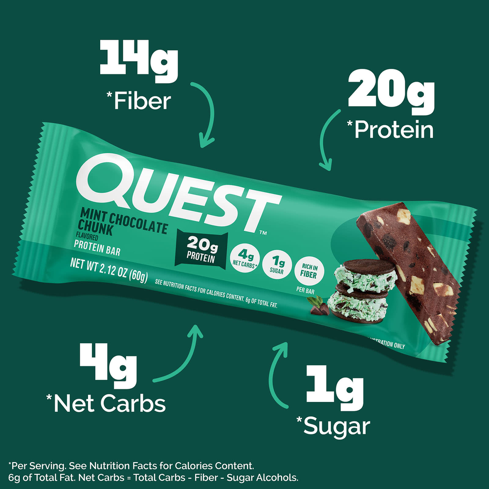 Quest Nutrition, протеиновый батончик, мята и шоколадная крошка, 4 шт. по 60 г (2,12 унции)