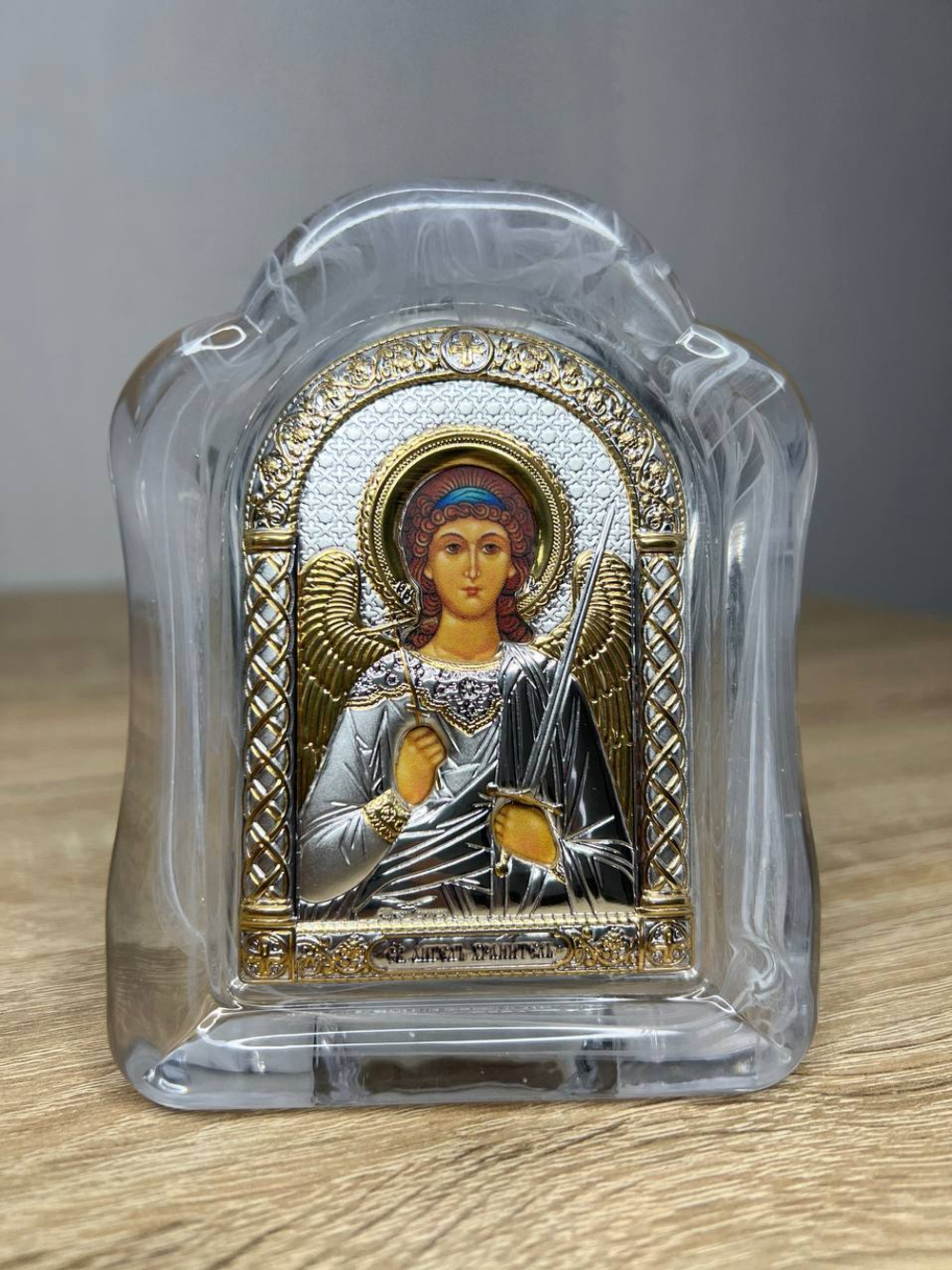 Ангел Хранитель, икона арочная, белое муранское стекло 65х85