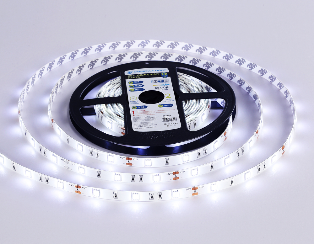 GS1903 5050 30Led/ 7.2W m/ 12V IP65 6500K/ 5000*10*2.87mm (2 конт.)