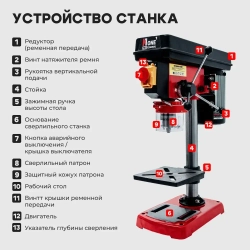 Стационарный (настольный) сверлильный станок Number One NBM 750S (220В/750Вт/9 скоростей/D16 мм) с тисками