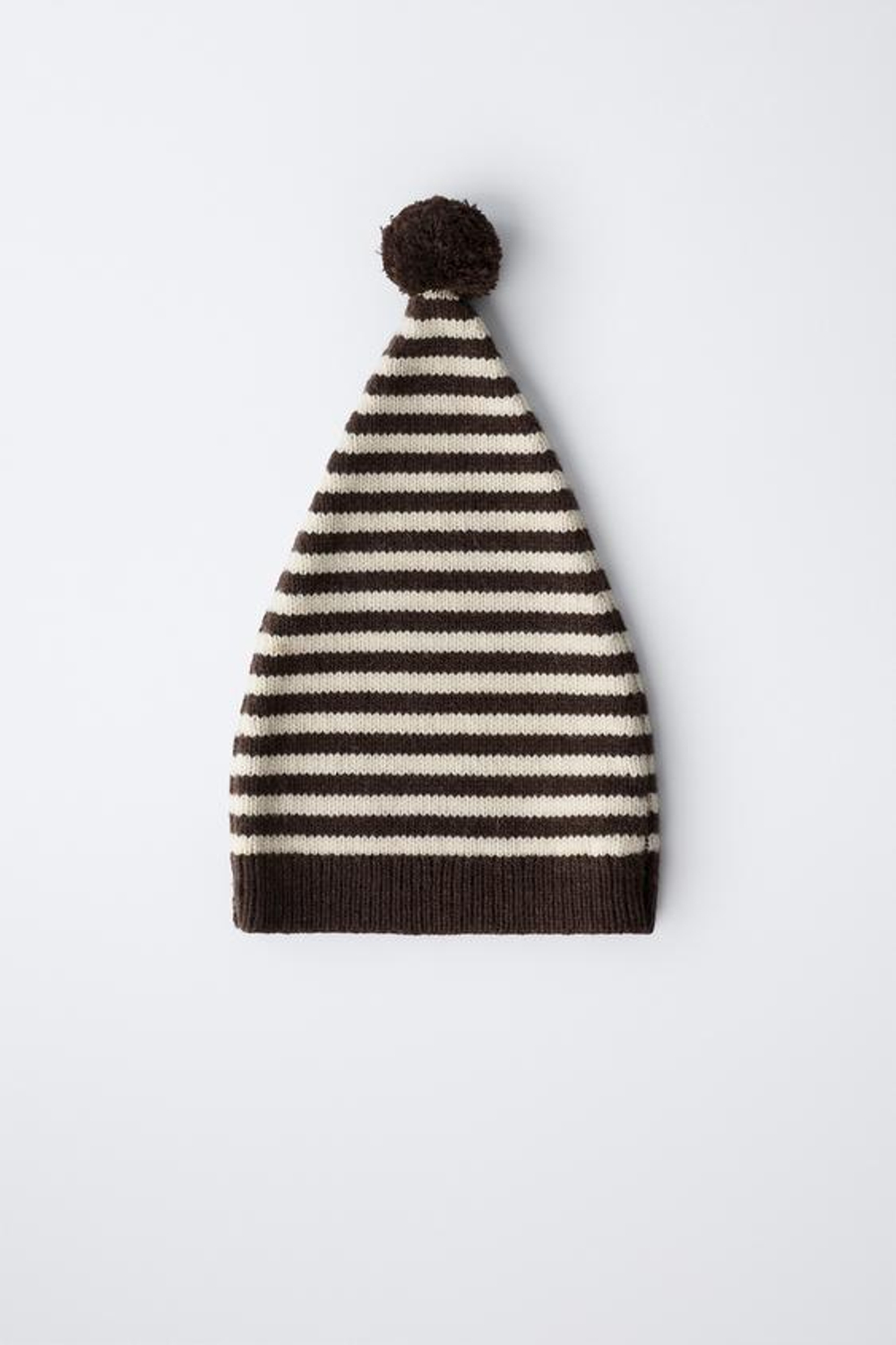 ZARA ВЯЗАНАЯ ШАПОЧКА В ПОЛОСКУ С ШЕРСТЯНЫМ ПОМПОНОМ, ЭКРЮ