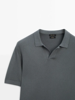 Massimo Dutti Хлопковый свитер с воротником поло и короткими рукавами, водянисто-зеленый