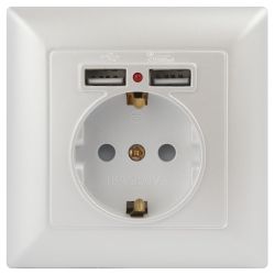 Розетка Intro Solo 4-410-06 с заземлением P+E Schuko со шторками, 16А-250В + 2хUSB, IP20, СУ, перламутр