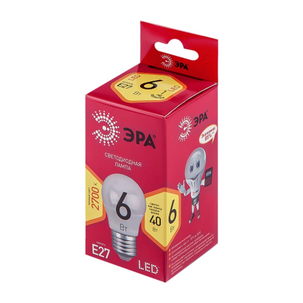 Лампа светодиодная ЭРА RED LINE LED P45-6W-827-E27 R 6Вт шар теплый белый свет E27