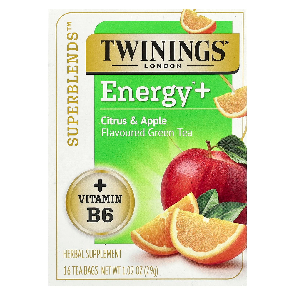 Twinings, Superblends ™, Energy + зеленый чай, цитрус и яблоко, 16 чайных пакетиков, 29 г (1,02 унции)