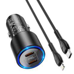 Разделитель автомобильный Hoco NZ3 Clear way 40W dual port PD car charger с кабелем Type-C to Lightning (2Type-C: 5V &amp; 2.4A 20W/ total output 40W) Черный