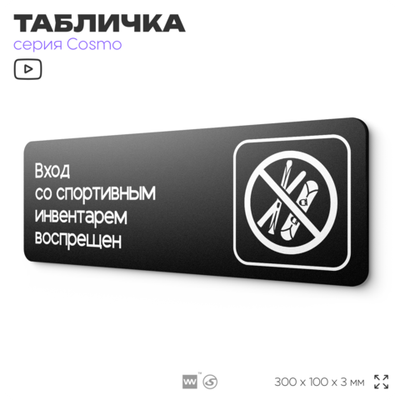 Табличка Вход со спортивным инвентарем запрещен, 30х10 см, для кафе, магазина, офиса, отеля, серия COSMO, Айдентика Технолоджи