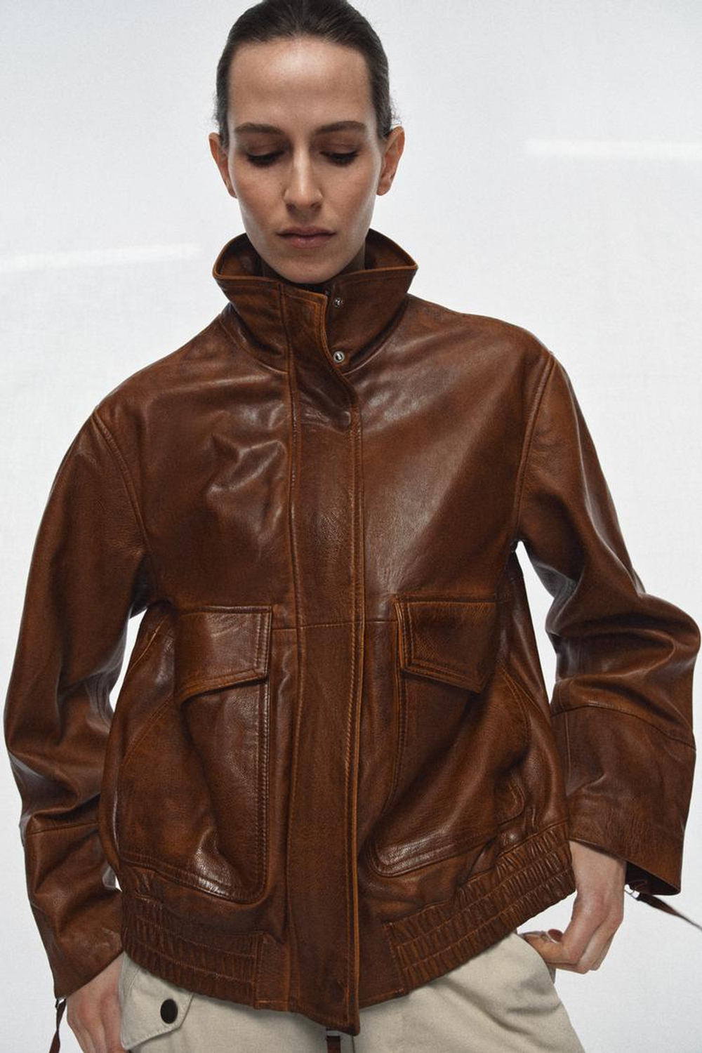 ZARA БОМБЕР ИЗ 100% КОЖИ — ZW COLLECTION LIMITED EDITION, КОРИЧНЕВЫЙ