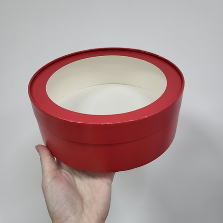 Коробка ТУБУС с окном d=20 см h=7 см (КРАСНАЯ МАТОВАЯ)