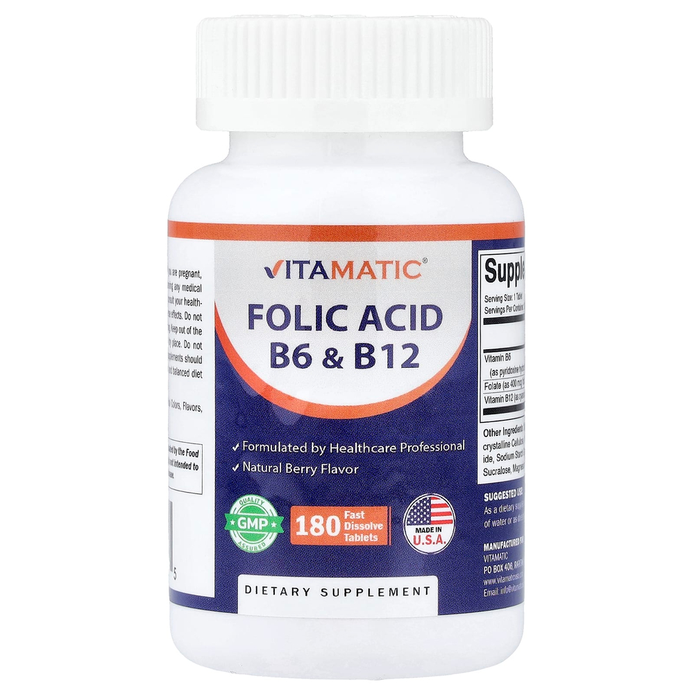 Vitamatic, Фолиевая кислота B6 и B12, натуральные ягоды, 180 быстро растворяющихся таблеток