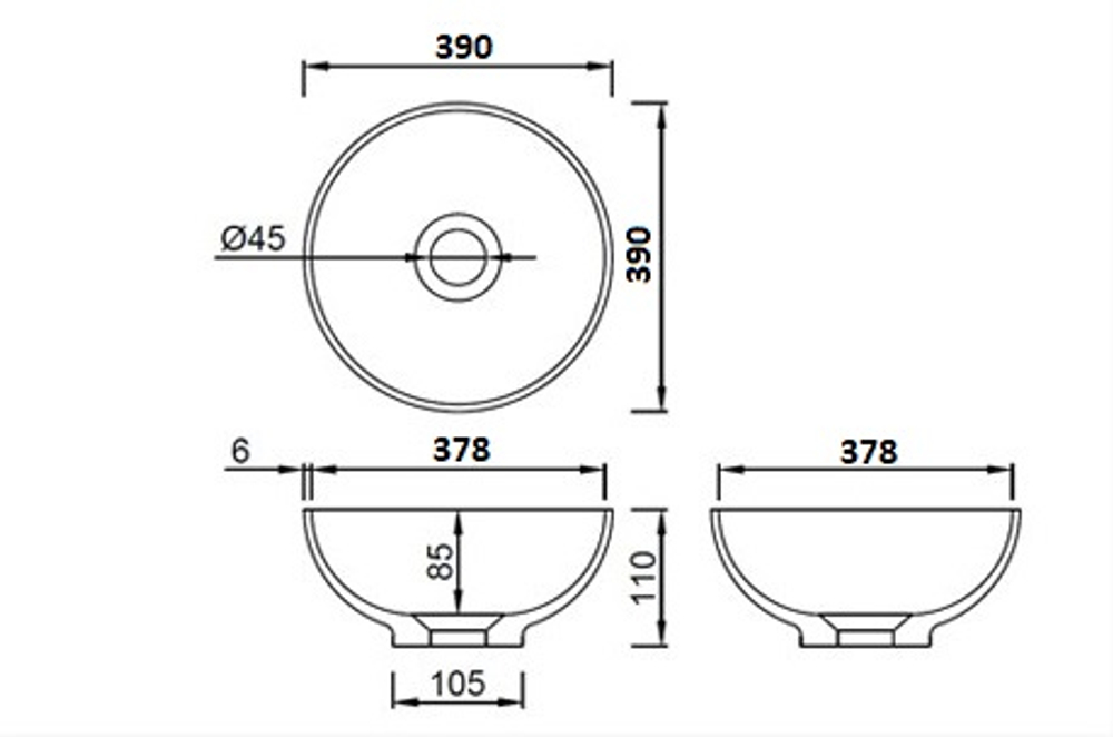 Раковина-чаша кориан круглая матовая, Slim 39см 390*390*145