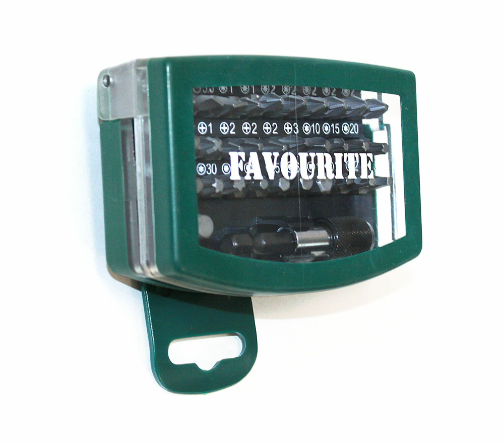 Биты для шуруповертов FAVOURITE FAV 32 SETS , в кейсе 32 предмета: 30 бит (25 мм), переходник для торцевых головок (25 мм), адаптер с быстрозаж. патрон. 60 мм.