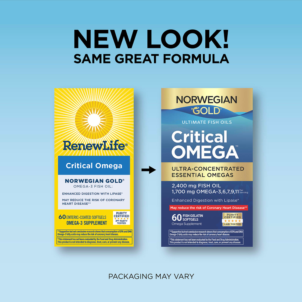 Renew Life, Norwegian Gold®, Critical Omega™, рыбий жир высшего качества, 60 капсул из рыбьего желатина