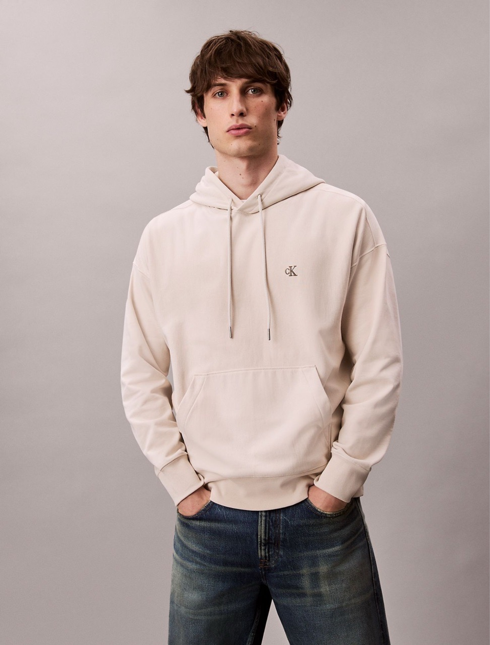 Худи Calvin Klein Premium Terry Relaxed Monogram Fleece Hoodie Chalk