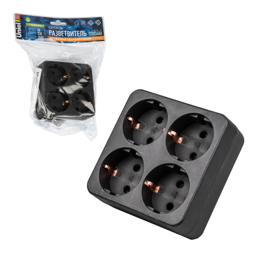 S-GES4-16S BLACK Разветвитель сетевой, с/з. 4 гнезда. 16А, 3500Вт. Черный. ТМ Uniel