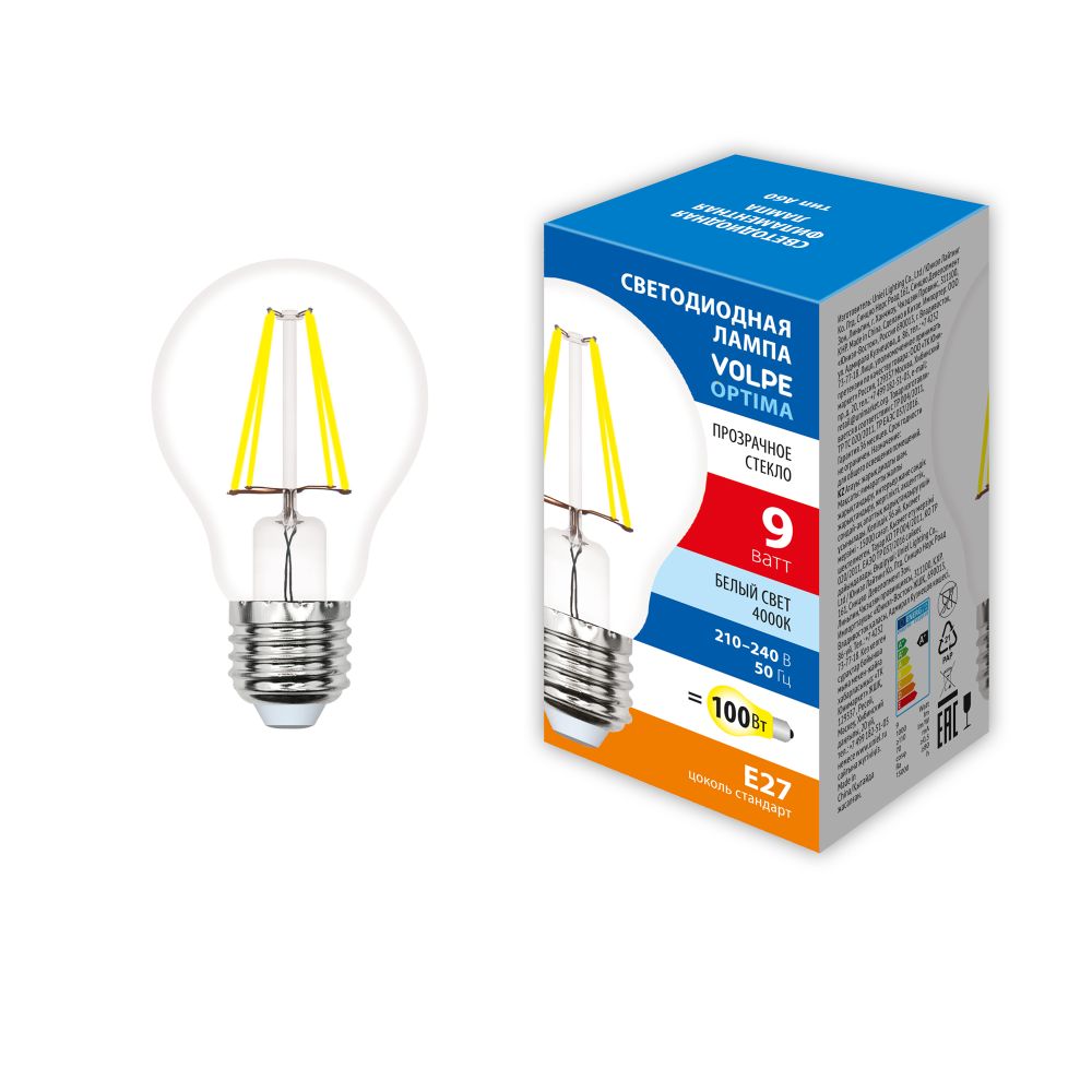 LED-A60-9W-4000K-E27-CL-SLF Лампа светодиодная. Форма A. прозрачная. Белый свет 4000K. ТМ Volpe