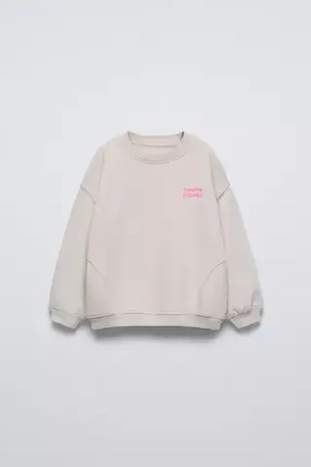 ZARA ОДНОТОННАЯ ТОЛСТОВКА С НАДПИСЬЮ, КАМЕННО-СЕРЫЙ