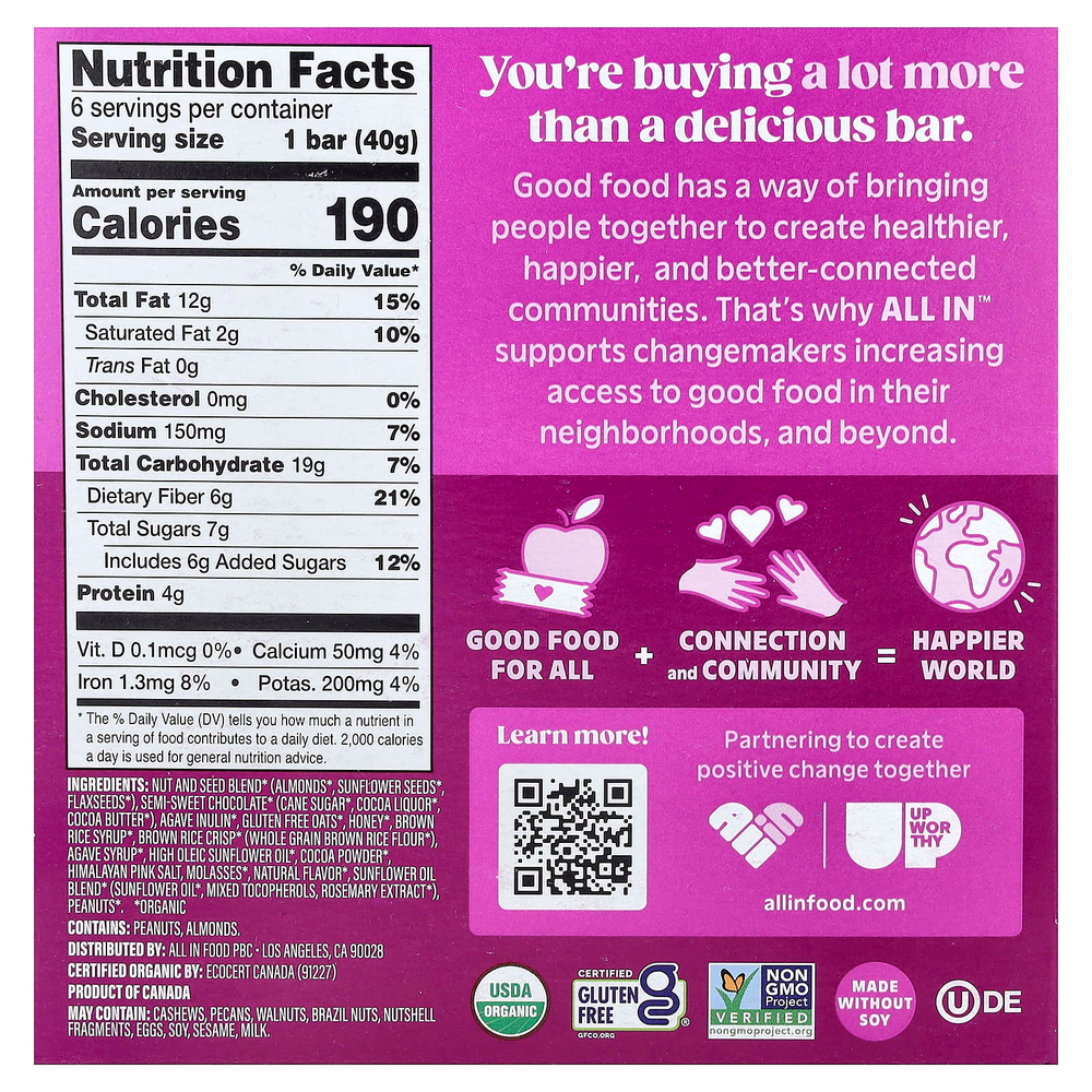 All In, батончики с орехами и семенами, калифорнийский миндаль, темный шоколад и морская соль, 6 батончиков по 40 г (1,4 унции)
