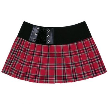 Юбка красная в крупную клетку с чёрным поясом - корсетом (011)