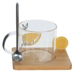 GAEM Кружка с ложкой на деревянной подставке, 300 мл, L12 W9,5 H8,5 см, 3в.