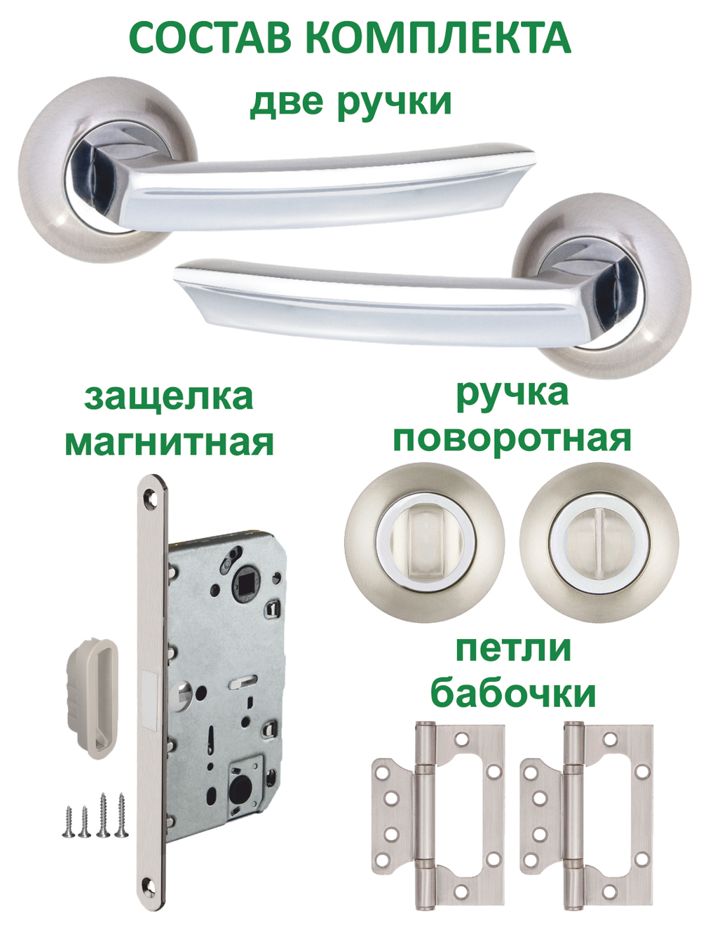 Ручка дверная с магнитной защелкой фиксатором и петлями