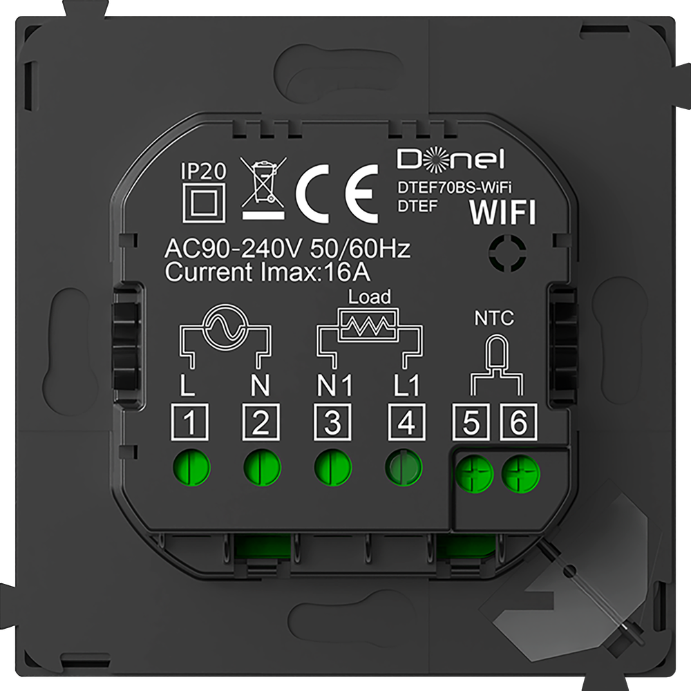 Термостат с датчиком пола программируемый через приложение,  с Wi-Fi,  16A,  размер накладки 70х70мм,  цвет стекло черное. Для установки в рамки с внутренним размером 70х70мм. Рамка в комплект поставки не входит.