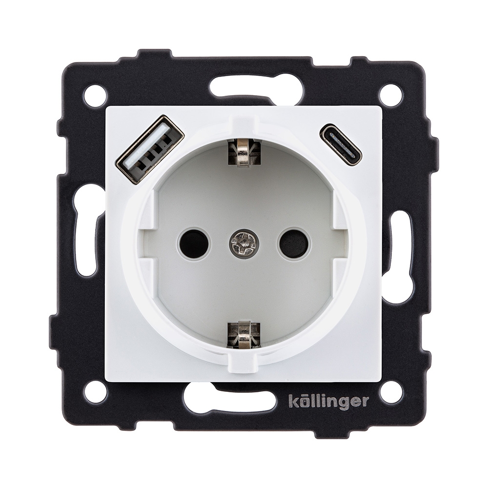 Розетка штепсельная SCHUKO 16A/250 В с USB A+C 20W, белый Kollinger REA-004WH для Aspekt, Eleganz, Reflex