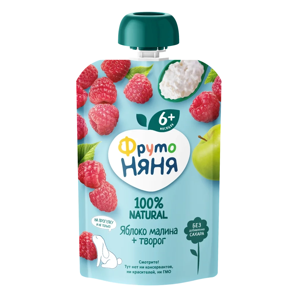 Фрутоняня пауч пюре из яблок, малины и творога 90г с 6 месяцев