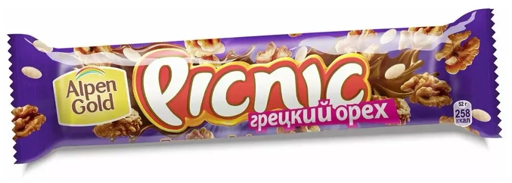 Шоколадный батончик Picnic, грецкий орех, 52 гр
