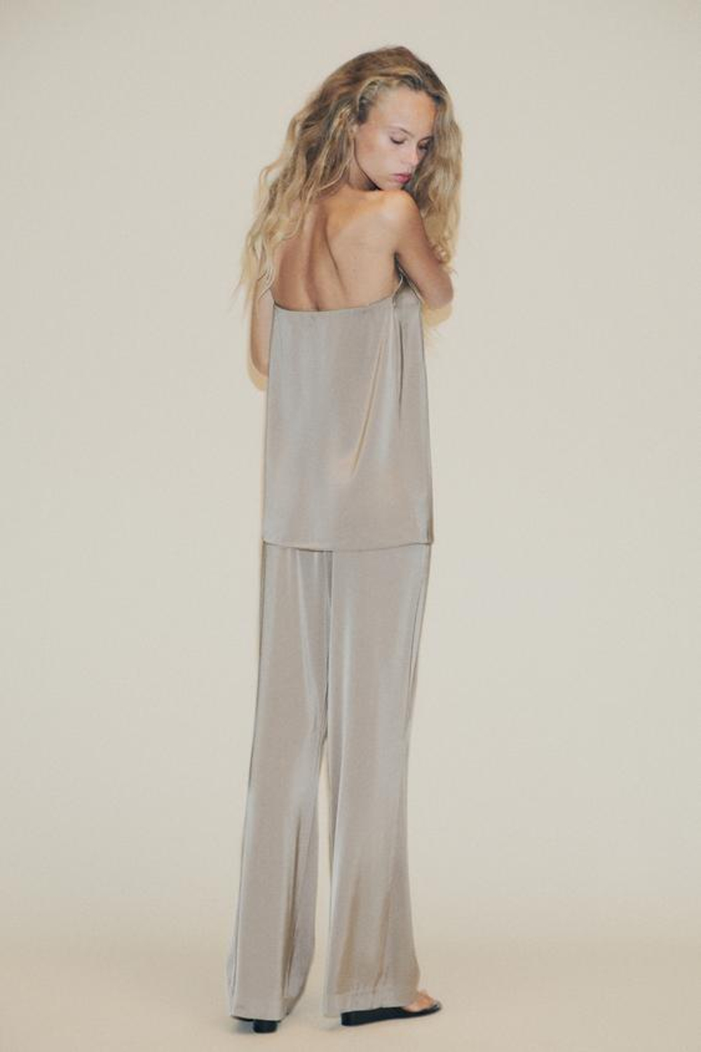 ZARA АТЛАСНЫЕ БРЮКИ С ВЫСОКОЙ ПОСАДКОЙ, БЕЖЕВЫЙ/ЗЕЛЕНЫЙ