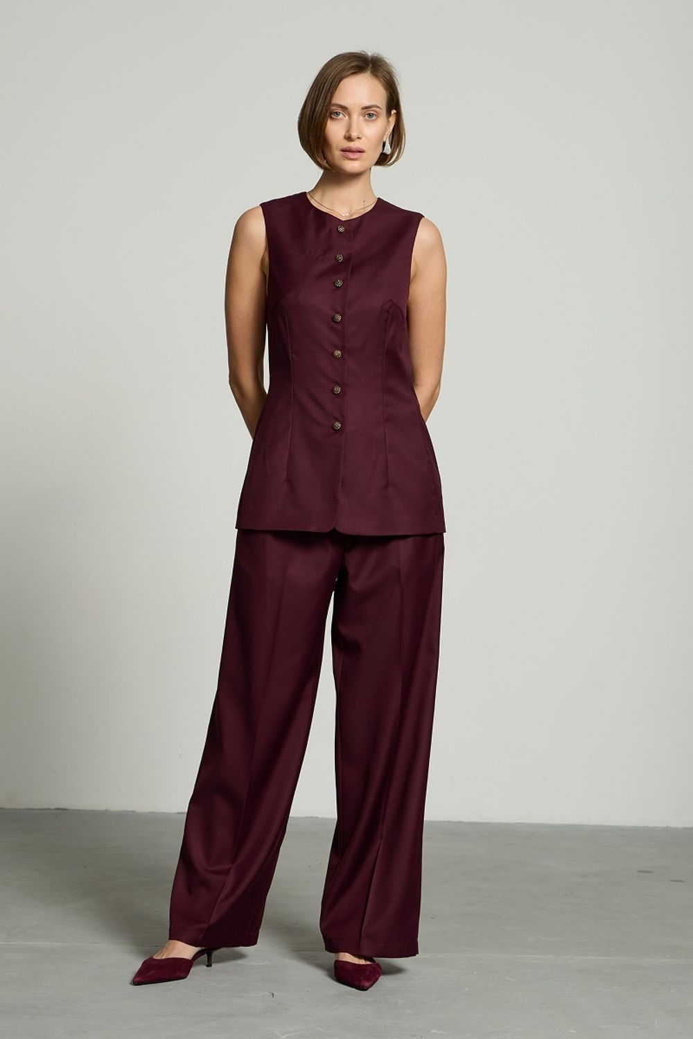 Брюки палаццо на молнии бордо шерсть