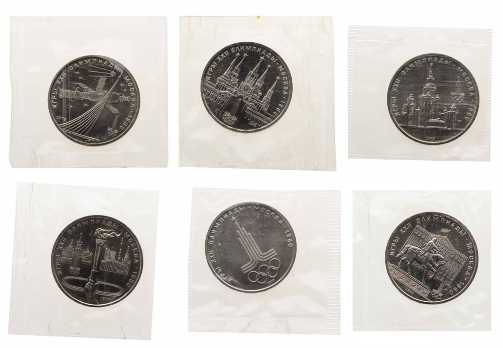 Russia, USSR, 1 Ruble 1977-1980 Olympic Set, 6 Coins, Brilliant Uncirculated, in Bank Packaging