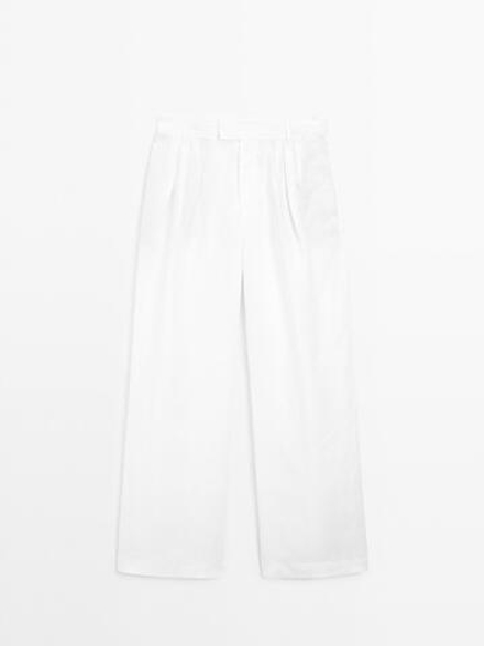 Massimo Dutti Брюки из 100% льна с тремя защипами, белый