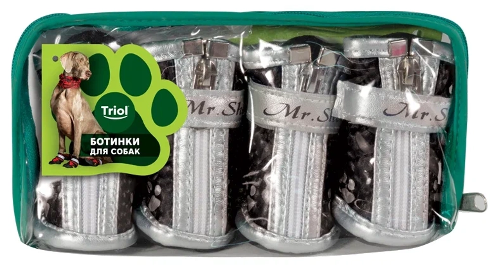 Ботинки для собак черные с "лапками" 55*45*55 мм, размер XL (уп.4 шт.) Триол