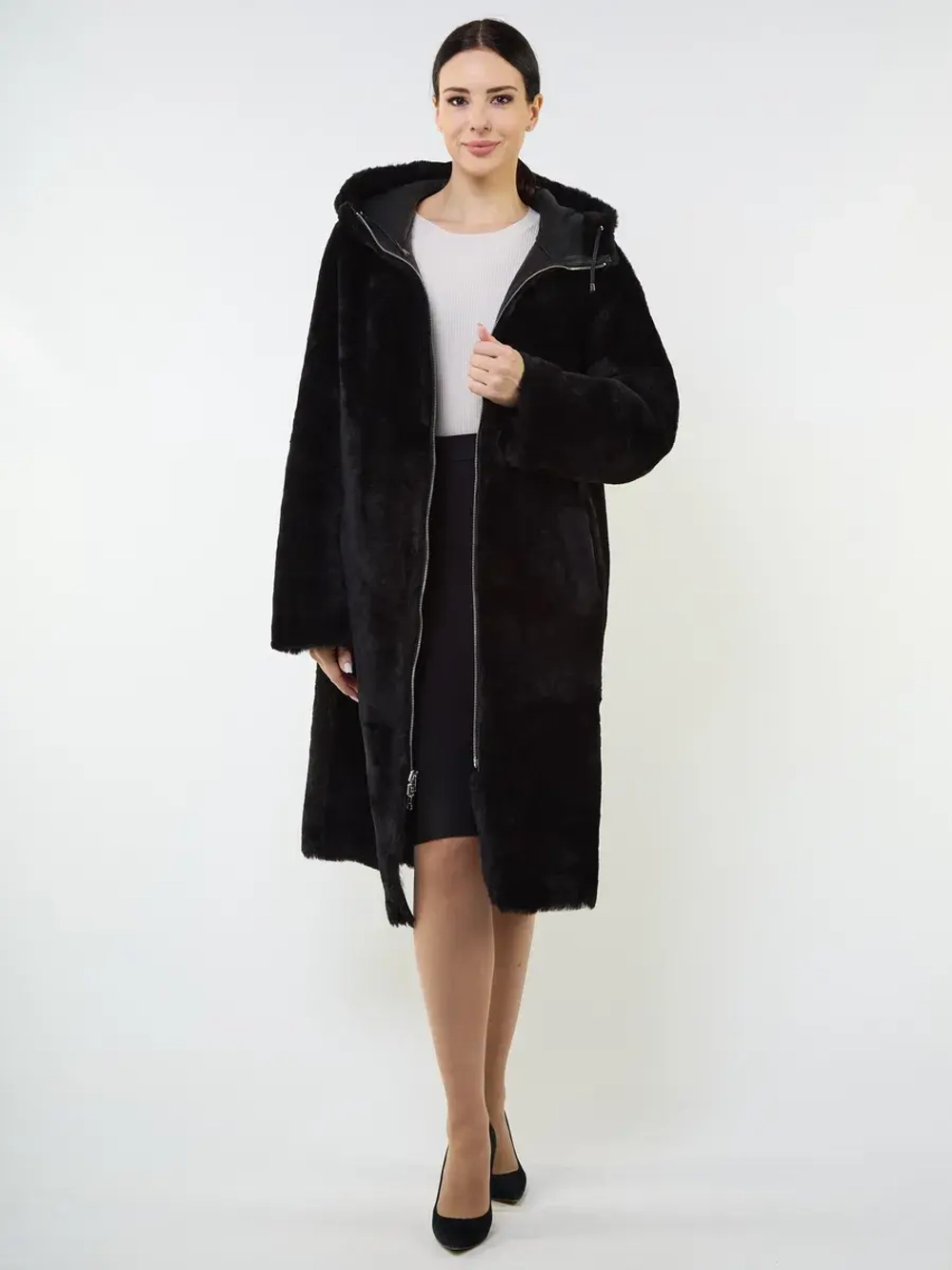 Дубленка зимняя двухсторонняя шуба с капюшоном