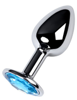 Серебристая конусовидная анальная пробка с голубым кристаллом - 7 см.