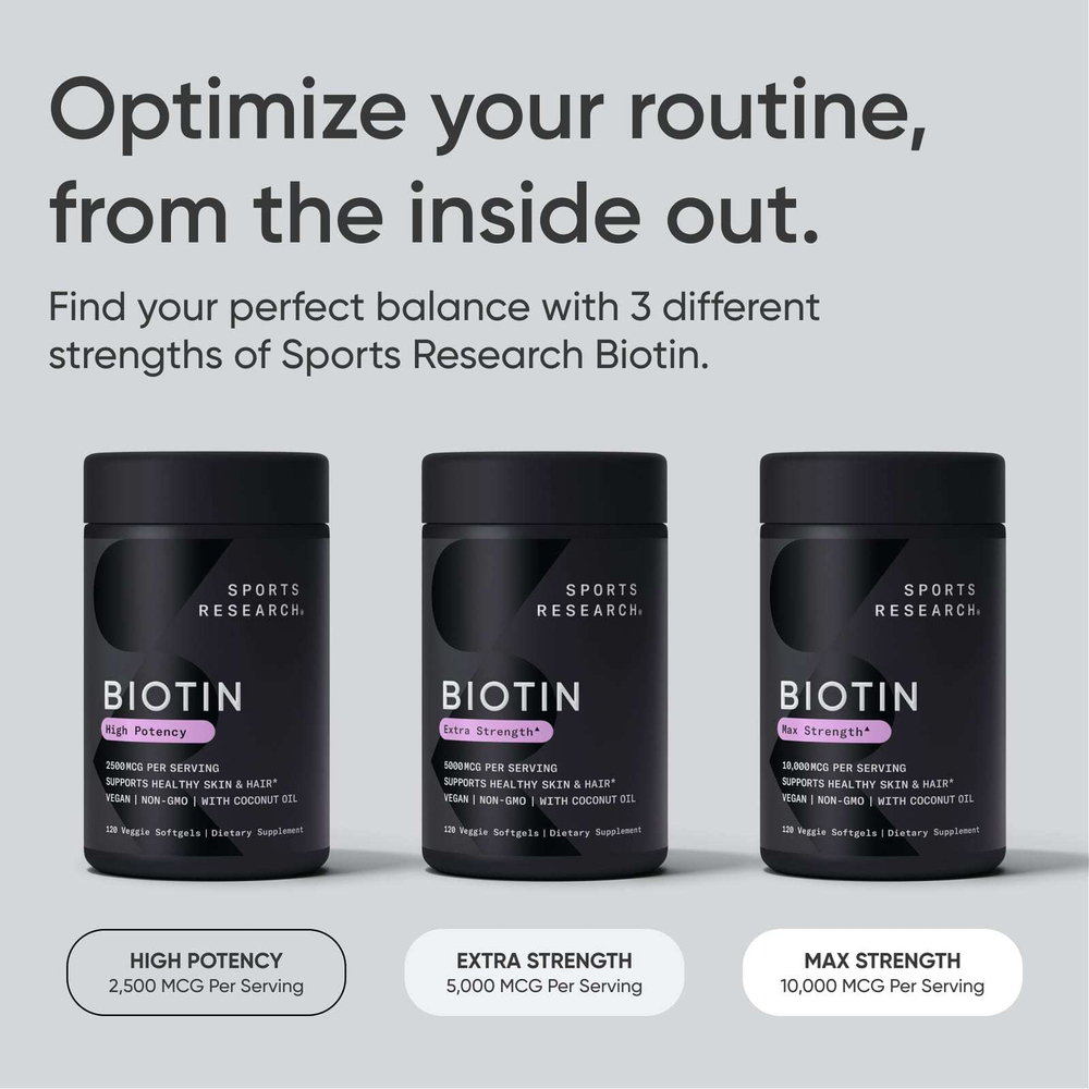 Sports Research, Биотин, повышенная сила действия, 5000 мкг, 120 растительных капсул