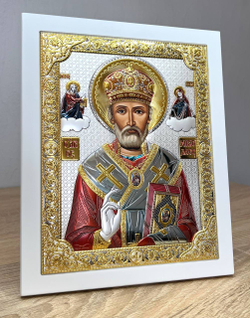 Николай Чудотворец, икона прямоугольная с рамкой, белое дерево, эмаль 210х260