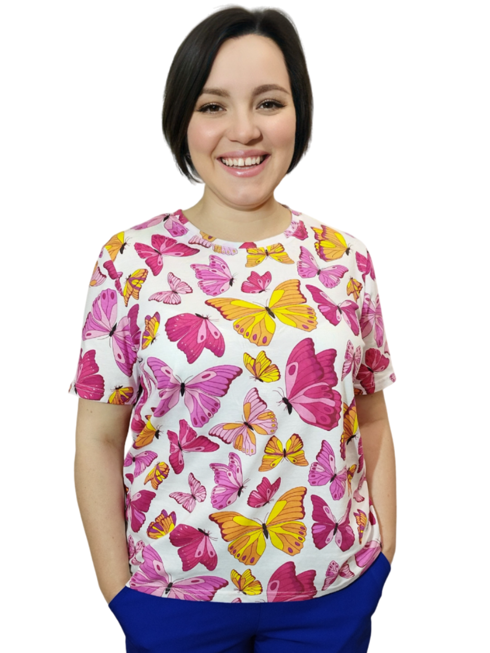 2422 Футболка женская бабочки на белом (56)