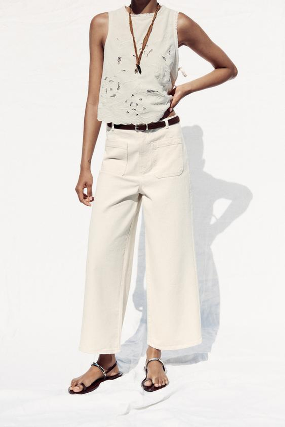 ZARA ДЖИНСЫ-КЮЛОТЫ Z1975 С ВЫСОКОЙ ПОСАДКОЙ И РЕМНЕМ, ЭКРЮ