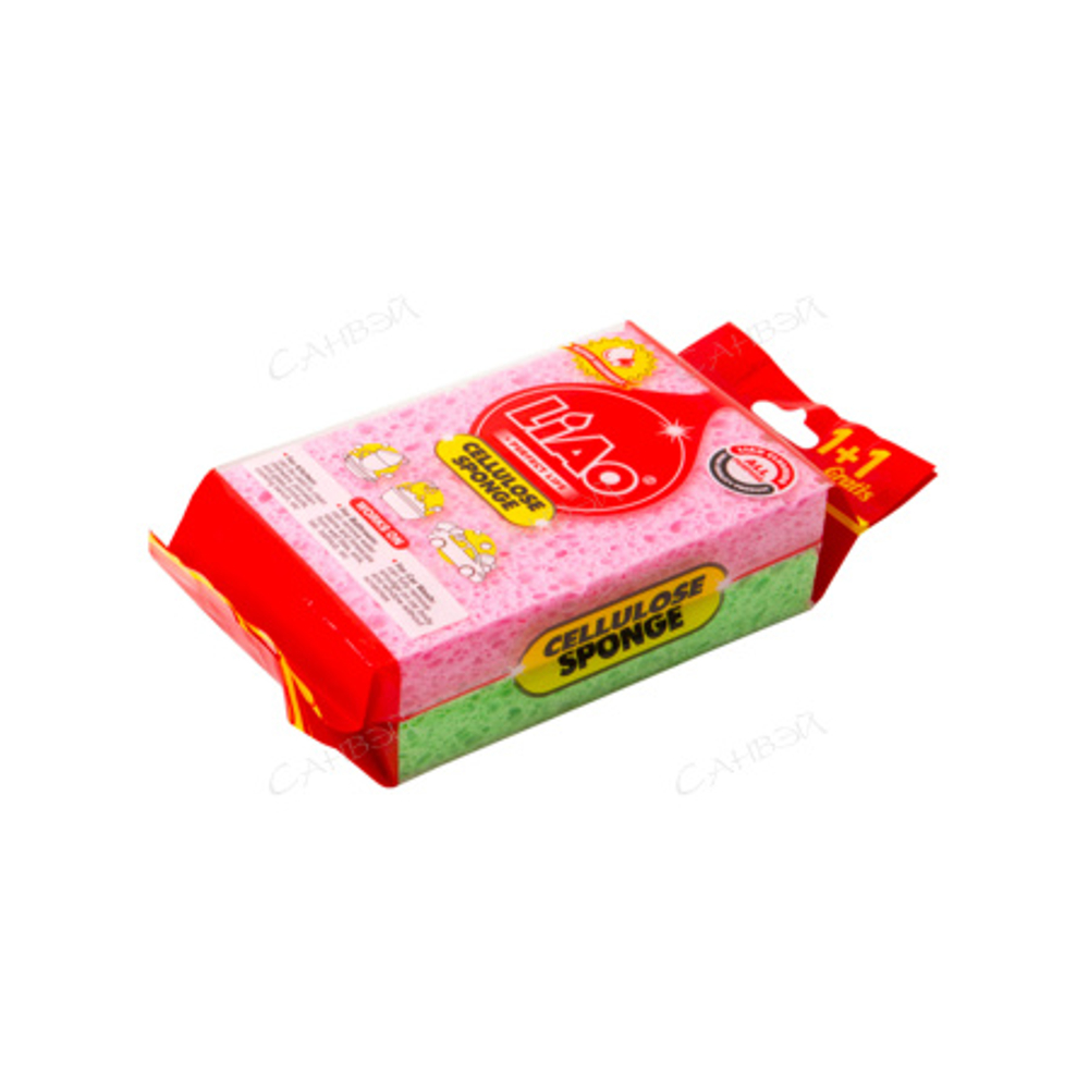 Губка д/мытья посуды (2шт) Liao 14*9*1,9см целлюлоза прямоуг. микс