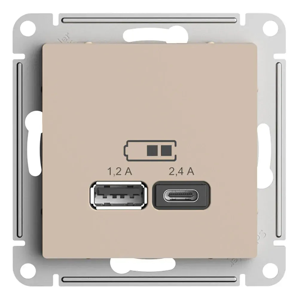 ATLASDESIGN USB РОЗЕТКА А+С, 5В/2,4А, 2х5В/1,2А, механизм, ПЕСОЧНЫЙ