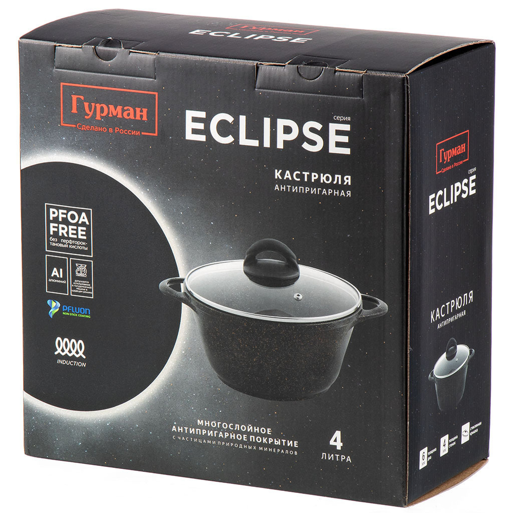 Кастрюля алюм, антиприг, 4 л, с крыш, крыш стекло, Гурман, Eclipse, ГМк403ЭКИ, индукц