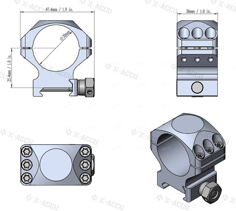 Кольца VECTOR X-Accu на базу Picatinny | Weaver, ø30 мм (6 винтов), BH=10,4 мм